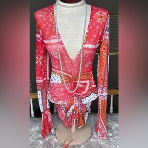 Red Orange Bandana Print Bathing Suit Cover Up Small/Medium